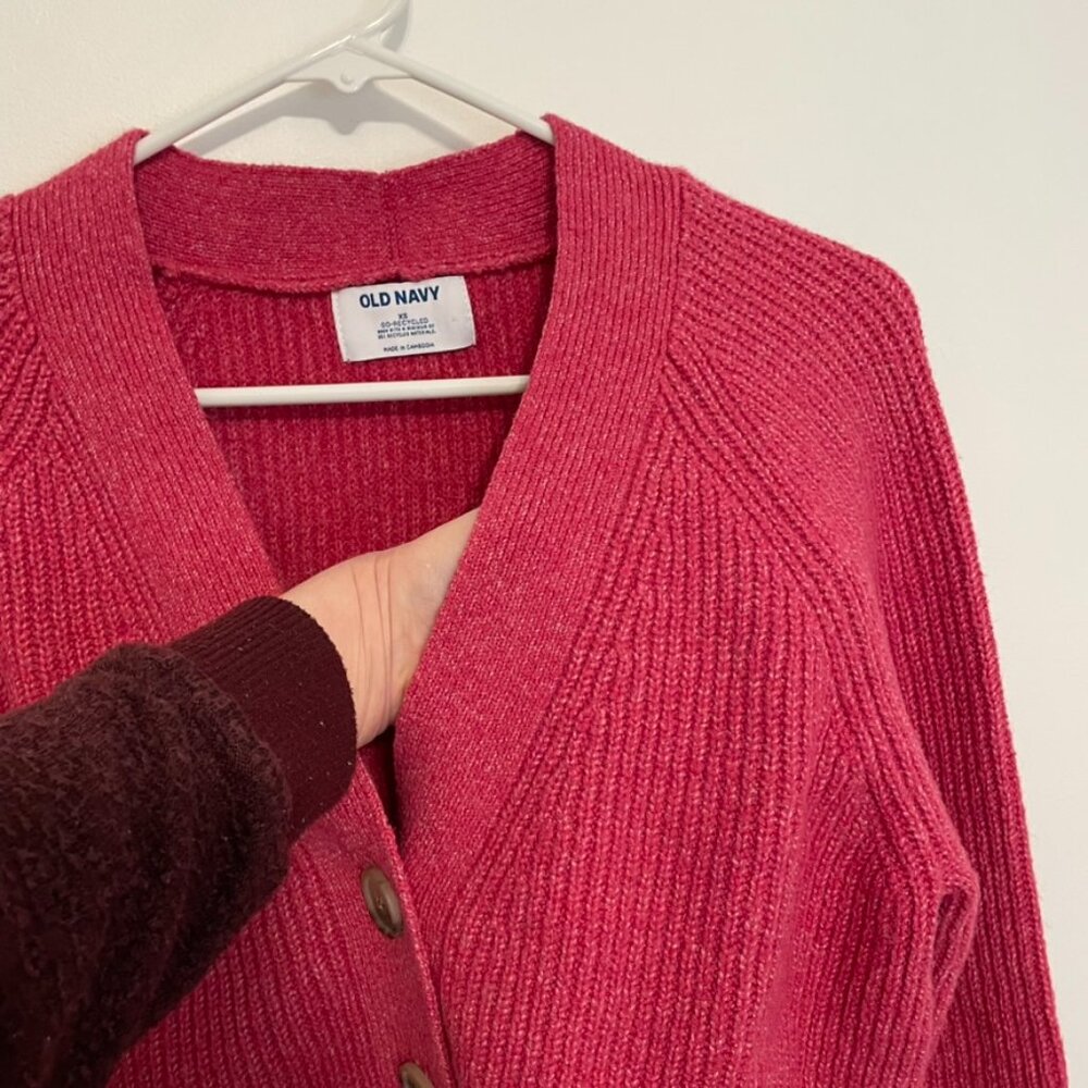 OLD NAVY Shaker Stitch Cardigan Sweater Magenta / Berry Pink Chunky Knit Relaxed - Picture 9 of 15